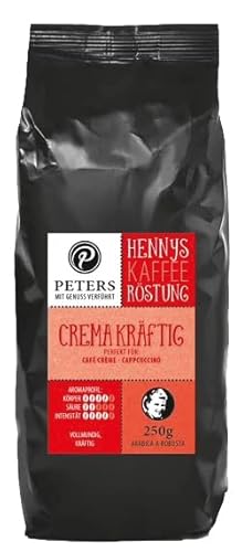 Peters Mit Genuss verführt | Henny's Röstung Crema kräftig | Sprechender Kaffee AR | Augmented Reality App | Ganze Bohnen | Kaffeebohnen | Ideal für Vollautomaten | Robusta | Mit Koffein | 250g von Peters Mit Genuss verführt