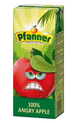 Pfanner 100% Angry Apple Kindergetränk im Vorratspack – Klassischer Fruchtsaft aus 100% Apfel – Apfelsaft ohne Zuckerzusatz inkl. Strohhalm (0,2 l x 30) von Pfanner