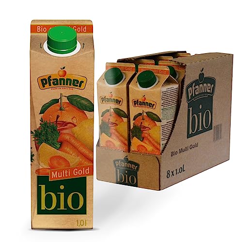 Pfanner 30% BIO Multivitamin Gold im Vorratspack – Fruchtig-exotischer Geschmack gewonnen aus Orangen, Zitronen, Äpfeln und Karotten – 25% Saftgehalt (8 x 1 l) von Pfanner