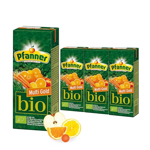 Pfanner 30% Bio Multi Gold im Vorratspack – Fruchtsaft mit fruchtigem Geschmack und Vitamin C – Saft aus Orangen, Zitronen, Äpfel und Karotten mit Bio Sigel inkl. Strohhalm (0,2 l x 30) von Pfanner