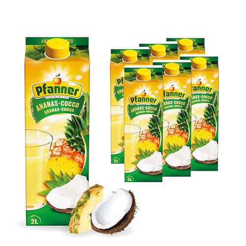 Pfanner Ananas Kokos Getränk im Vorratspack (6 x 2 l) – Ananas und Kokoswasser – säuerlich süßer Fruchtnektar – Getränk mit mind. 25% Fruchtgehalt von Pfanner
