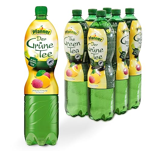 Pfanner Der Grüne – 6 x 1,5 l PET Flasche - Eistee Lemon Lychee aus direkt aufgebrühtem Grüntee - Ice Tea - Vorratspack von Pfanner