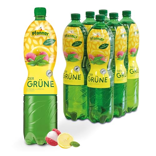 Pfanner Der Grüne – 6 x 1,5 l PET Flasche - Eistee Lemon Lychee aus direkt aufgebrühtem Grüntee - Ice Tea - Vorratspack von Pfanner