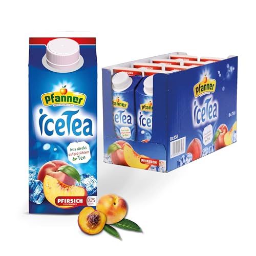 Pfanner Eistee Pfirsich – 8 x 750 ml Vorratspack - direkt aufgebrühter Tee mit Pfirsichsaft – Ice Tea Karton von Pfanner