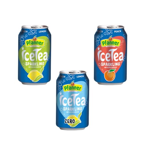 Pfanner Eistee Sparkling Dose im XXL-Pack– Kohlensäurehaltiger IceTea mit Pfirsichgeschmack (12 x 0,33 l), Zitronegeschmack (12 x 0,33 l), und Zitronegeschmack Zero (12 x 0,33 l) von Pfanner