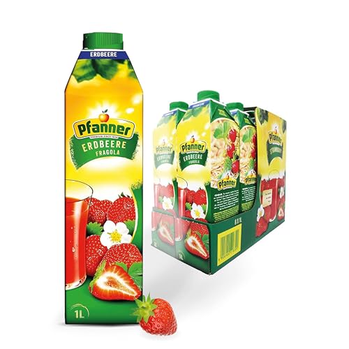 Pfanner Erdbeere Fruchtsaft (8 x 1 l) - 30 % Fruchtgehalt – Saft im Vorratspack –Getränk aus Erdbeersaft von Pfanner