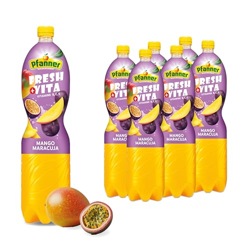 Pfanner Mango Maracuja Fruchtgetränk (6 x 1,5 l) - 10 % Fruchtgehalt – exotisches Getränk im Vorratspack – mit Vitamin B, C und E von Pfanner
