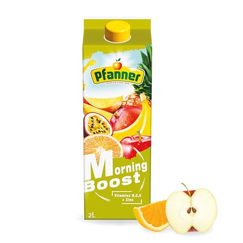 Pfanner Moning Boost Drink (1 x 2 l) – gelber Fruchtsaft mit 40% Fruchtgehalt – Mehrfrucht Saft mit Mineralien und Vitaminen B, C, E von Pfanner