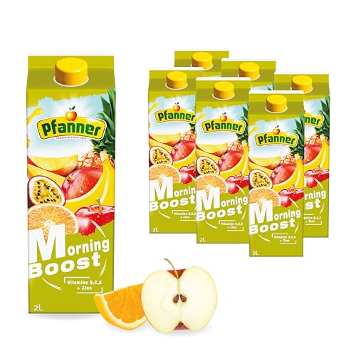 Pfanner Morning Boost Drink im Vorratspack (6 x 2 l) – gelber Fruchtnektar mit 40% Fruchtgehalt – Mehrfrucht Getränk mit Mineralien und Vitaminen B, C, E von Pfanner