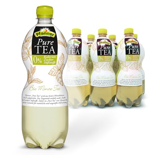 Pfanner Pure Tea Minze (6 x 1 l) – Eistee ohne Zucker und ohne Süßstoffe - Bio Tee aus Minze mit Zitronengeschmack – im Vorratspack von Pfanner