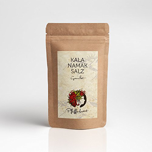 Pfefferbraut Kala Namak Salz Granulat (grobkörnig), Aromatüte mit 180g - Kala Namak Salz ist wegen seines ausgeprägten Geschmacks sehr beliebt in der veganan Küche von Pfefferbraut