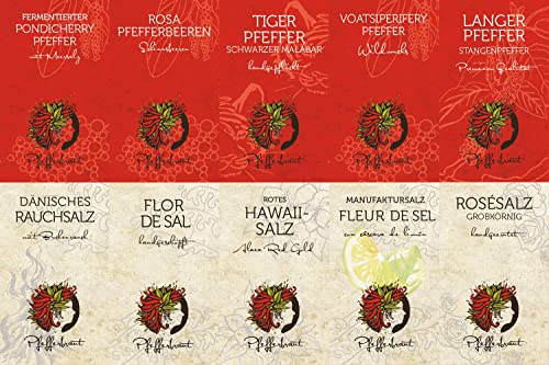 Pfefferbraut Mixed Bag N°.2 - 10 Probiertütchen Salz & Pfeffer lecker für Adventskalender - fermentierter Pondichery, langer Pfeffer, Dänisches Rauchsalz uvm Geschenk Probierset von Pfefferbraut