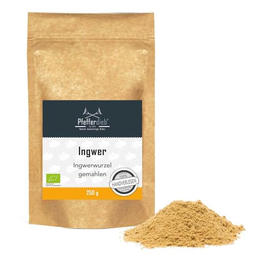 Ingwer, Ingwerwurzel gemahlen, Ingwerpulver, für Ingwertee oder zum Würzen, BIO, 250g - Pfefferdieb® von Pfefferdieb