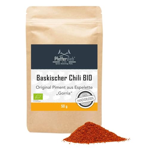 Baskischer Chili BIO Qualität | Original Chili Pulver d'Espelette Baskenland Frankreich | Premium "Gorria" gemahlen | 50g - Pfefferdieb von Pfefferdieb