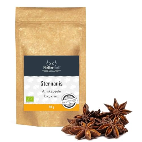 BIO Sternanis ganz, Anissterne Premium Qualität, handgeplückt, intensiv aromatisch, Gewürz zum Backen, Kochen, Glühwein & Tee, Wintergewürz, 50g - Pfefferdieb® von Pfefferdieb