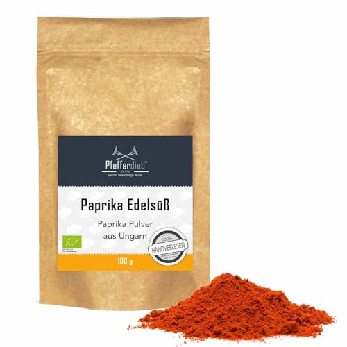 Paprika edelsüß BIO, gemahlen, Paprikapulver ungarisch, Premium BIO-Qualität, handverlesene Früchte ohne Trennwände und Kerne, 100g - Pfefferdieb® von Pfefferdieb