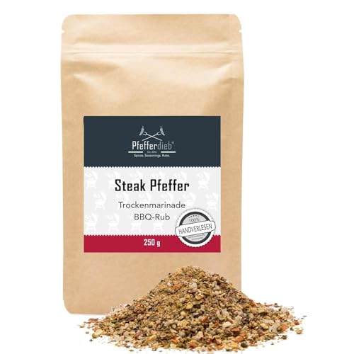 Pfefferdieb® Steak Pfeffer | Premium Grillgewürz Steakgewürz | BBQ Rub Trockenmarinade | pikant-würzige Rauchnote | 250g von Pfefferdieb