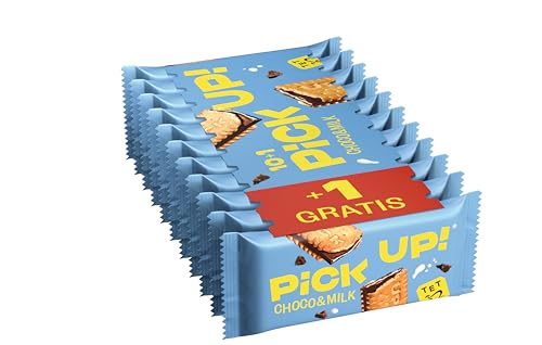 PiCK UP! Choco&Milk (11 x 28 g), Riegel mit knackiger Milchschokolade und zarter Milchcreme zwischen zwei Keksen, der Snack für unterwegs, Multipack mit 10 + 1 gratis von PiCK UP!