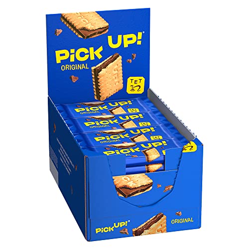 PiCK UP! Original (24 x 28 g), Riegel mit knackiger Milchschokoladentafel zwischen zwei knusprigen Keksen, der Snack für unterwegs, Thekenaufsteller mit 28 g (24er Pack) von The Bahlsen Family