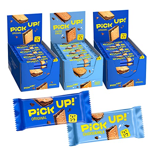 PiCK UP! Thekenaufsteller Bundle mit Original (48 x 28 g) und Choco&Milk (24 x 28 g), Riegel mit knackiger Milchschokolade zwischen zwei Keksen, 3 Aufsteller à 24 Stück von PiCK UP!