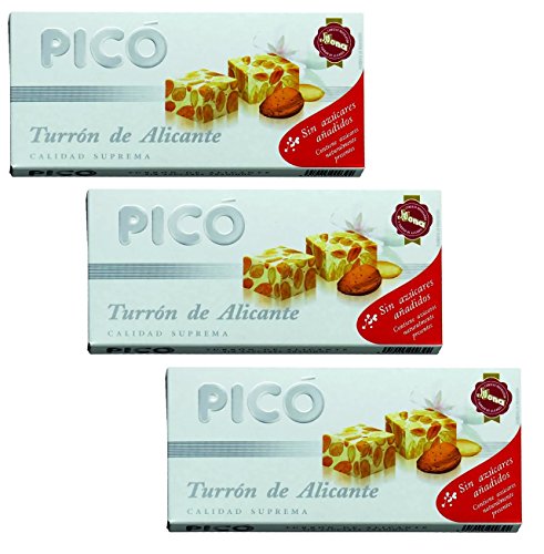 Picó -Das Paket enthält 3 Turron Alicante - Hartes Mandelnougat mit ganzen Mandeln - Höchste Qualität - 200gr (Kein Gluten) ohne Zuckerzusatz - mit Süßstoffen von Picó