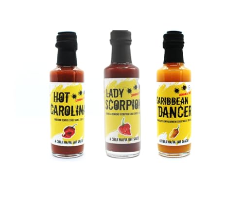 "Extrem Hot Trio" Geschenkset: 3 sehr scharfe Chili Saucen (Insgesamt 300 ml. / Schärfe: 7, 9 und 10 von 10 scharf) / Slow Food Chilisaucen Manufaktur EINWEG von Pika Pika