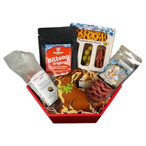 Geschenkkorb Häschen, Ostergeschenk mit Salamis, Snacks und Biltong, Osternest mit ca. 500 Gramm von Pikanten