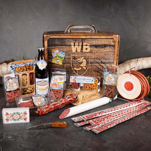 WURSTBARON® Geschenkset Vesper Geschenkkorb mit Kabeltrommel, Salami Snacks, Bier und weiteren Schmankerln von Pikanten
