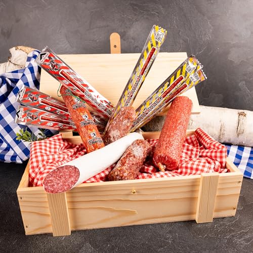 WURSTBARON® Salami Wurst Geschenkbox aus Holz mit Salami Spezialitäten! von Pikanten