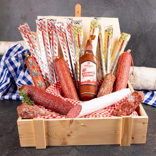 WURSTBARON® Salami Wurst Geschenkbox aus Holz mit Salamispezialitäten von Pikanten
