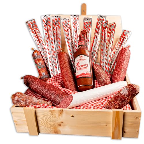WURSTBARON® Salami Wurst Geschenkbox aus Holz mit Salamispezialitäten von Pikanten