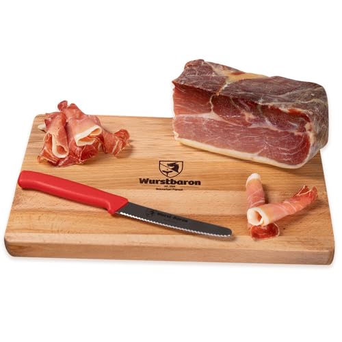 WURSTBARON® Serrano Schinken Set - 1kg Serrano Schinken am Stück ohne Knochen, Geschenkset mit Brett & Messer von Pikanten