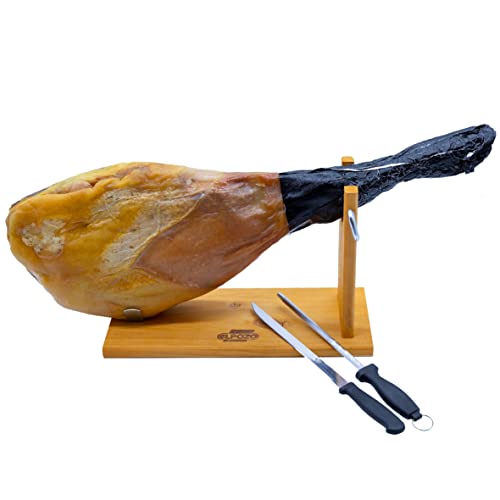 WURSTBARON® spanischer Serrano Schinken am Knochen, traditionell luftgetrocknet und gereift, inkl. Schinkenständer und Messerset, hochwertige Qualität, 7,25 kg von Pikanten