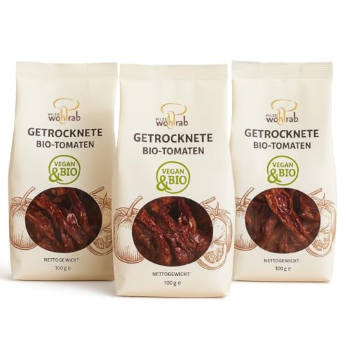 Pilze Wohlrab - Getrocknete Tomaten BIO - Sonnengetrocknet in Italien - Hergestellt in Handarbeit ohne künstliche Konservierungsstoffe - Trockengemüse mit intensivem Aroma (3x 100g) von Pilze Wohlrab