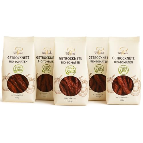 Pilze Wohlrab - Getrocknete Tomaten BIO - Sonnengetrocknet in Italien - Hergestellt in Handarbeit ohne künstliche Konservierungsstoffe - Trockengemüse mit intensivem Aroma (5x 100g) von Pilze Wohlrab