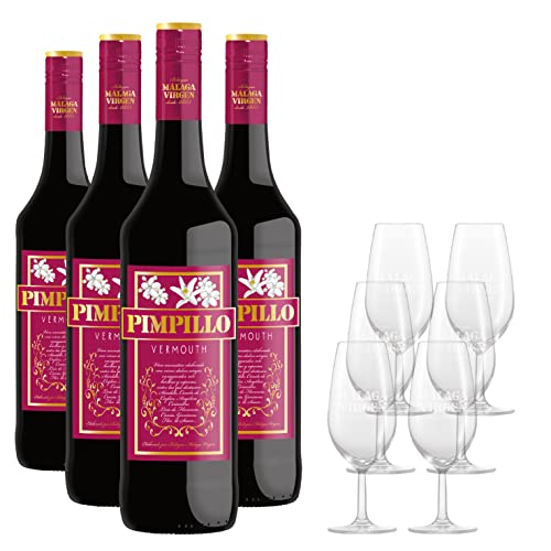 La Hora del Vermouth - Packung mit 4 Flaschen Vermouth Pimpillo à 75cl + 6 Weingläser. Süßer aromatischer Wein. Wermut. von PIMPILLO