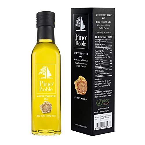 PinoRoble White Truffle Tuber Magnatum Infused Extra Virgin Cold Pressed Olive Oil High Polyphenols Flavoured Oils Salad Dressing Sauce Gourmet Gift Set Gluten Free Vegan Kosher 8.5oz 250ml von Pino Roble