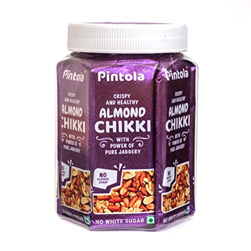 Pintola Almond Chikki Jar Pack of 13 Pcs, 12+1 Chikki Extra, Almond Bar, Made with Jaggery, No Glucose Syrup, No Preservatives, Gluten Free, Indian Sweets Gajak, 25gm Each x 13 = 325gm von Pintola