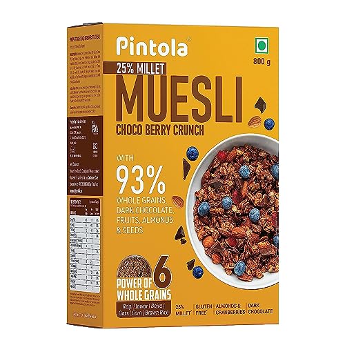 Pintola Dark Chocolate & Cranberry Muesli with 25% Millet & 60% Wholegrains, 800gm, Healthy Breakfast Cereal with 6 Varied Nuts & Seeds, No Preservatives von Pintola