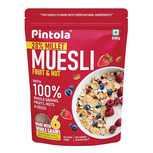 Pintola Fruit & Nut Muesli with 28% Millet & 68% Wholegrains, 800gm, Healthy-Fruity Breakfast cereal with 6 nuts, dried fruits & Dates, No Preservatives von Pintola