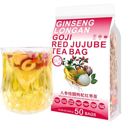 Plant Gift 50 Cups Ginseng Longan Goji Tea Bag (人参桂圆枸杞红枣茶 REN SHEN GUI YUAN GOU QI HONG ZAO CHA) 10.57oz (6g*50bags/300g) Longan, Rose natürliche gemischte Kräuterkombination von Blumen Tee von Plant Gift