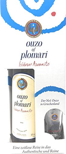 Ouzo of Plomari 40% vol. 0,7 Liter Flasche Geschenkbox mit 1 Glas gratis von Plomari