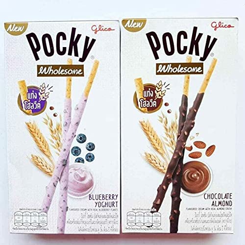 Pocky Biscuit Stick Snack – Gesundes Set mit 2 Packungen mit Schokoladenmandeln und Blaubeeren-Joghurt-Geschmack von Pocky