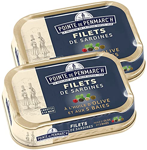 Bretonische Sardine Filets in Extra nativem Olivenöl mit Mischung aus fünf Arten von Pfefferbeeren, 2 x 100 g, Knochenlose Sardinen aus Pointe de Penmarc'h / Frankreich von Pointe de Penmarc'h