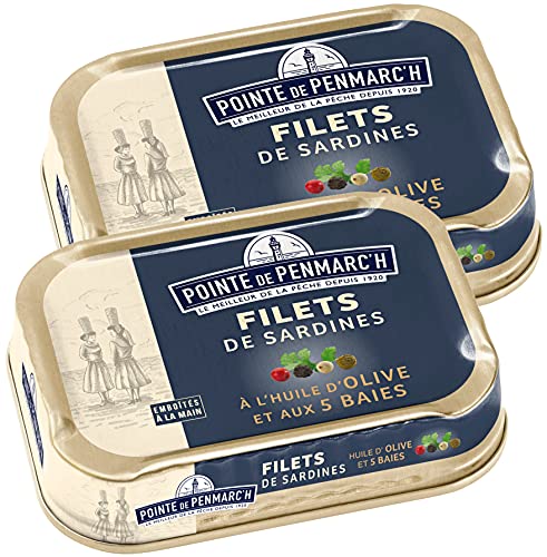 Bretonische Sardine Filets in Extra nativem Olivenöl mit Mischung aus fünf Arten von Pfefferbeeren, 2 x 100 g, Knochenlose Sardinen aus Pointe de Penmarc'h / Frankreich von Pointe de penmarc'h
