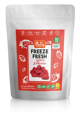 POL'S FREEZE FRESH Gefriergetrocknete ganze Erdbeeren, Big Pack 250g, 100% sonnengereifte Trockenfrüchte in höchster Qualität, ohne Zuckerzusatz, frei von Zusatzstoffen von Pol´s