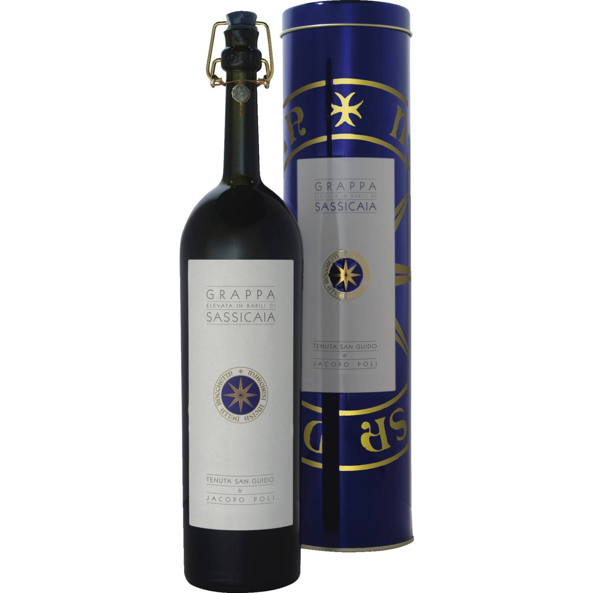 Grappa Elevata in Barili di Sassicaia, 0,50 L, 40% Vol. in runder Metall GP, Spirituosen von Poli Distillerie - via Marconi, 46 - 36060 Schiavon (Veneto) - Italia