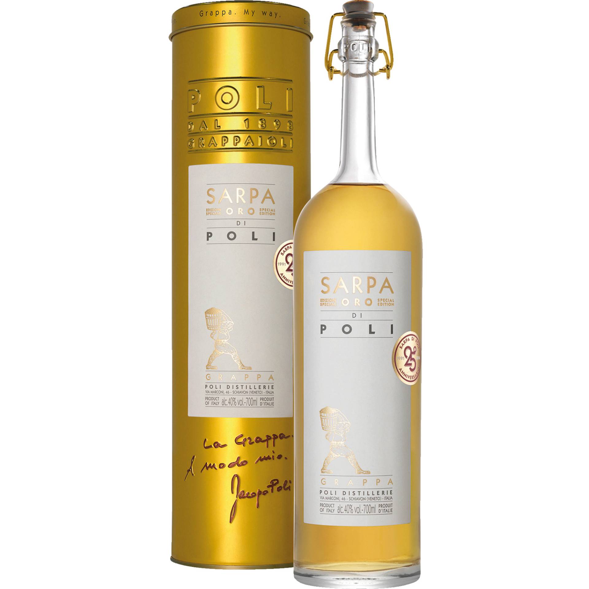 Sarpa Oro di Poli, Grappa, Venetien, 0,7L, 40% Vol., in Metalletui, Spirituosen von Poli Distillerie - via Marconi, 46 - 36060 Schiavon (Veneto) - Italia