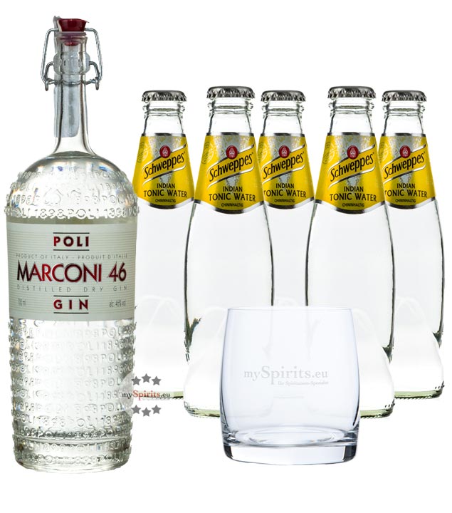 Poli Marconi 46 Gin & Schweppes Indian Tonic Set (46 % vol., 1,7 Liter) von Poli Distillerie