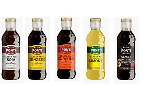 Testpaket Ponti Glassa Gastronomische Glasuren Würzsaucen 5 Stück Ingwer Glasur - Soja Glasur - Glasur mit Zitronensaft - Glasur mit Kurkuma - Balsamico Essig glasieren von Ponti